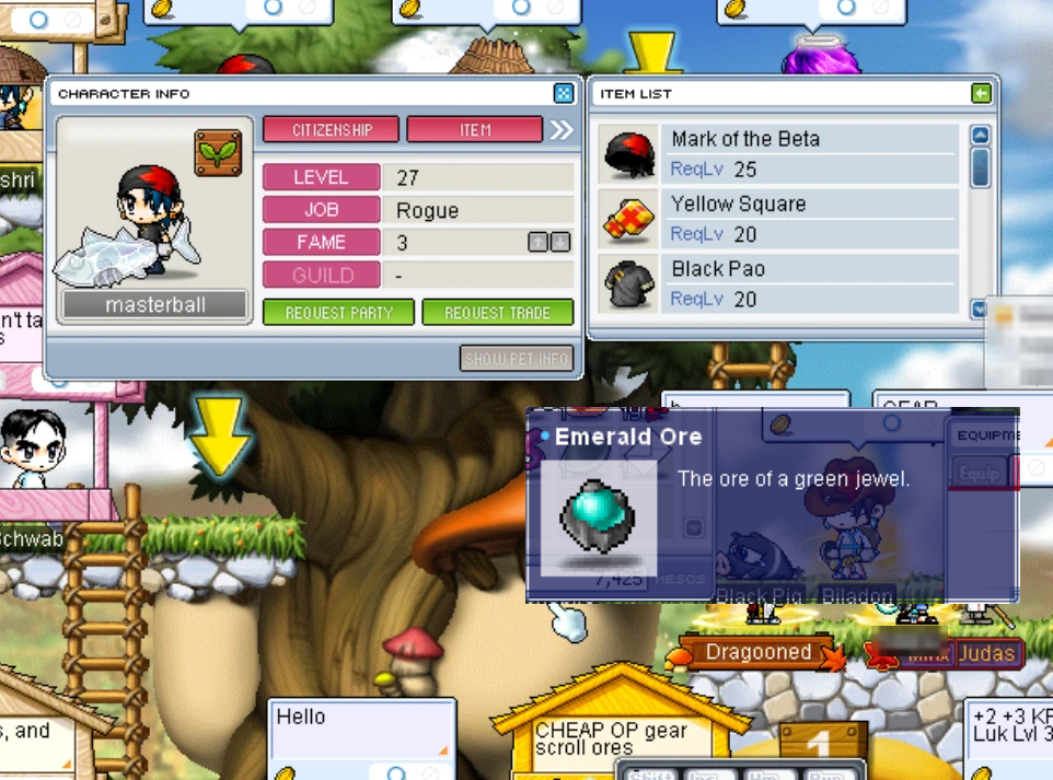 A MapleStory Classic screenshot: the Character Info window of masterball and an Emerald Ore tooltip