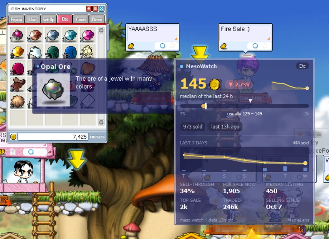 MapleLens price card beside the Opal Ore tooltip in the inventory